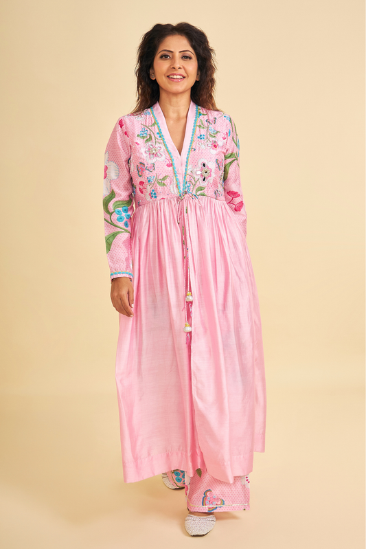 Raya Pink Embroidered Ladies Kurta With Straight Leg Trousers ( Set of 2 Pcs)