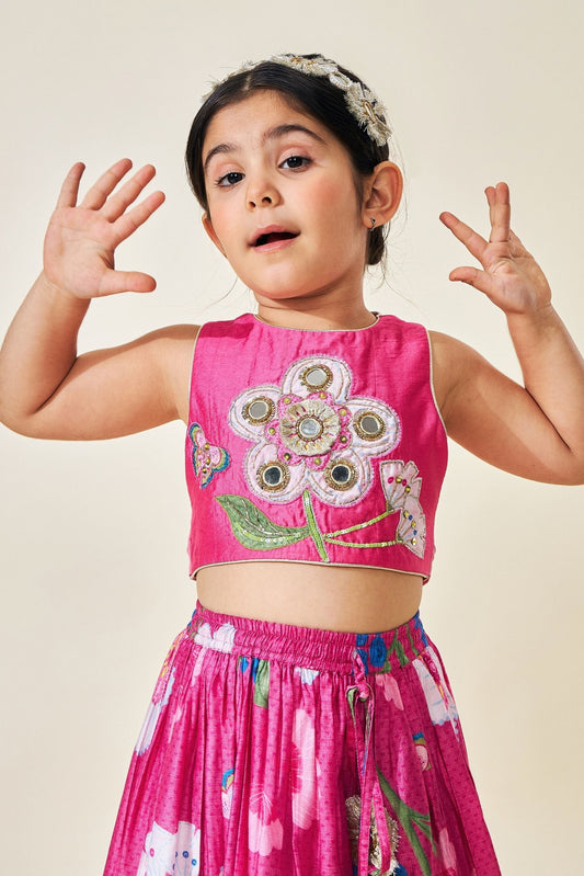 Rumi Plum Girls Embellished Crop Top Skirt Set Of 3