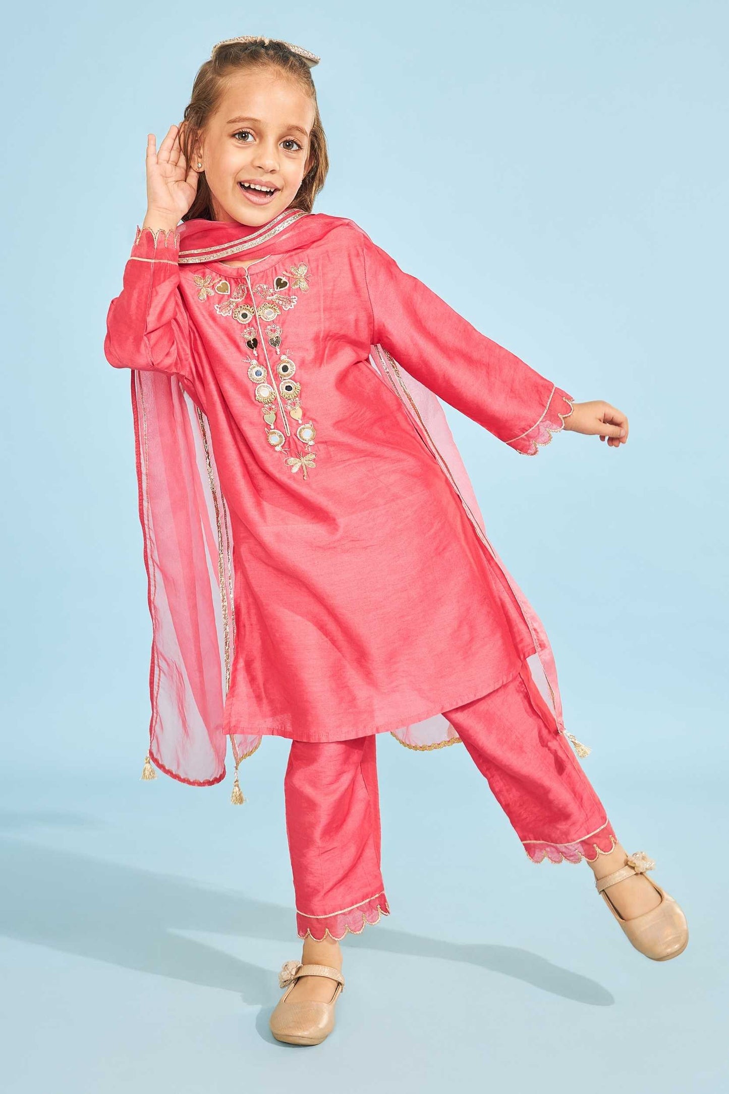 Cherry Red Birds Girls Embellished Tunic With Pants (3 Pc Set)