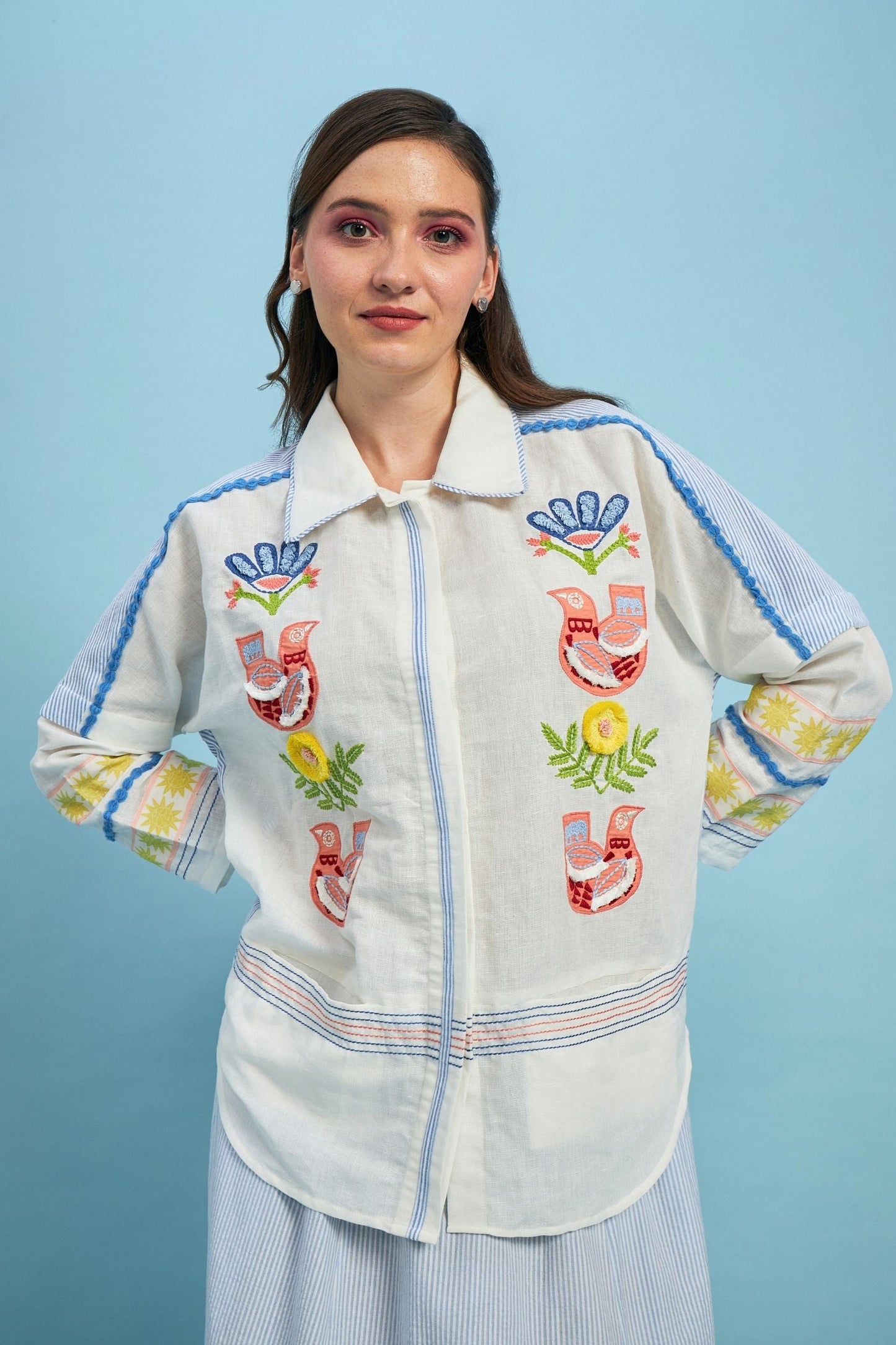 Cuckoo Embroidered Ladies Linen Shirt