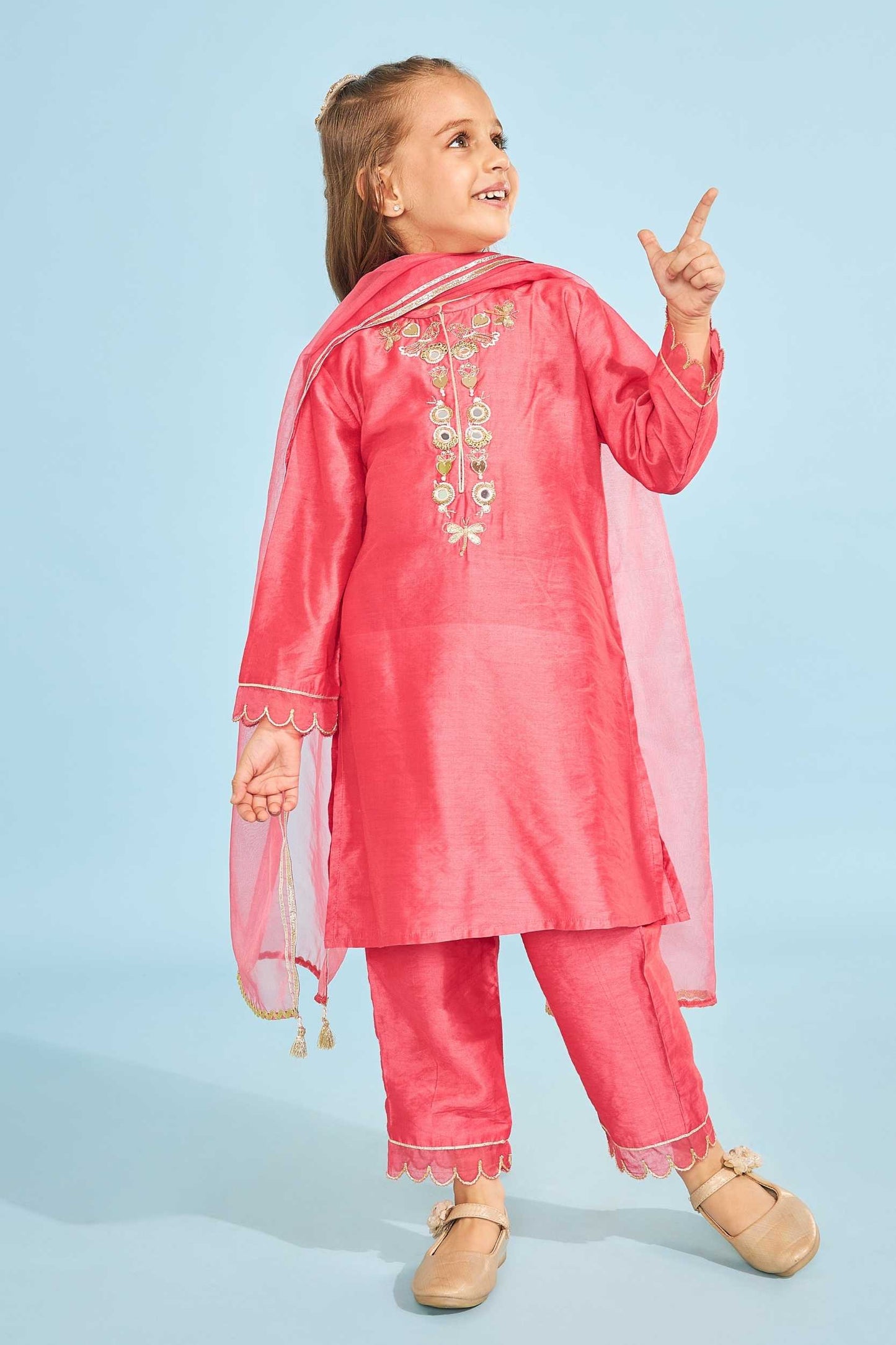 Cherry Red Birds Girls Embellished Tunic With Pants (3 Pc Set)