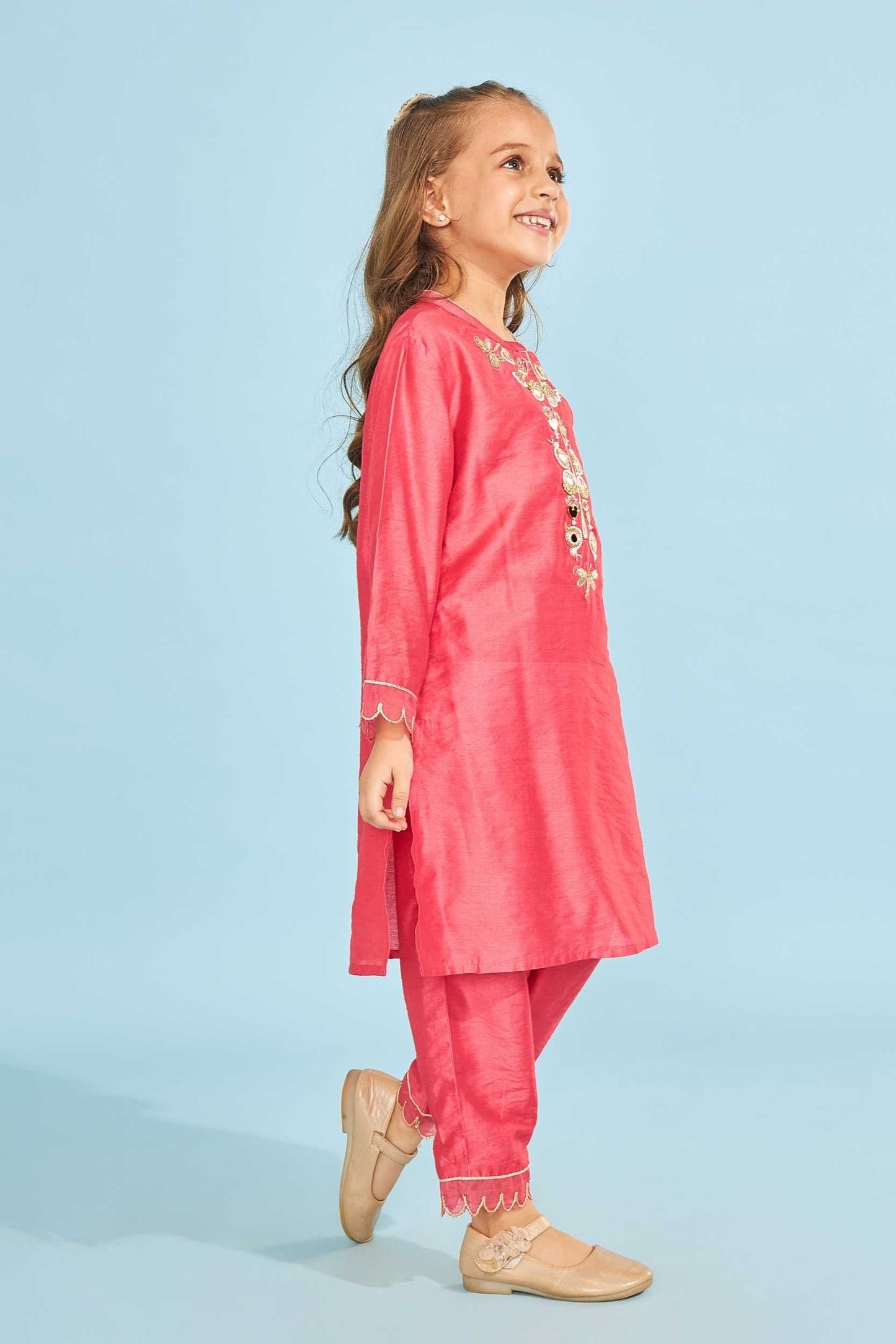 Cherry Red Birds Girls Embellished Tunic With Pants (3 Pc Set)