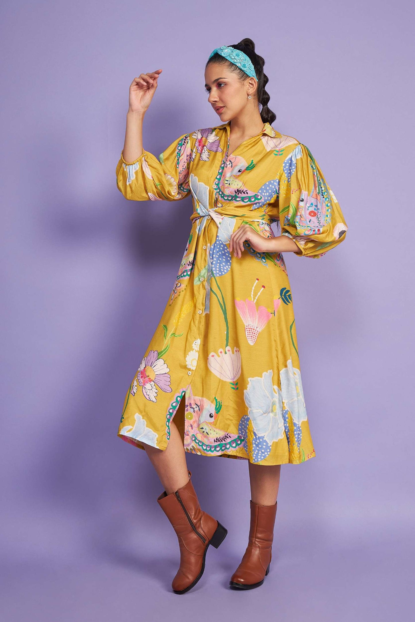 Birdie Mustard Waist Tie Dress