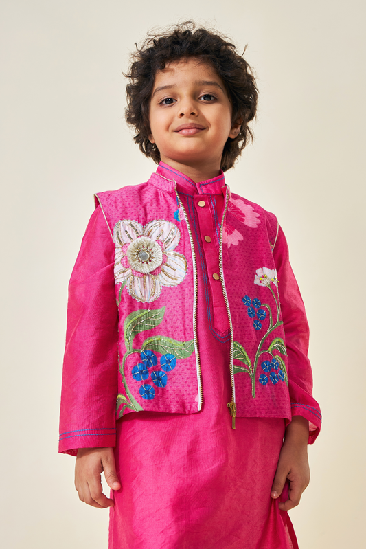 Rumi Plum Boys Embellished Kurta & Jacket (Set of 3 pcs)