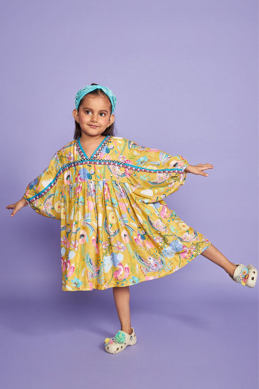 Tweet Mustard Kids Cotton Dress - Joey & Pooh