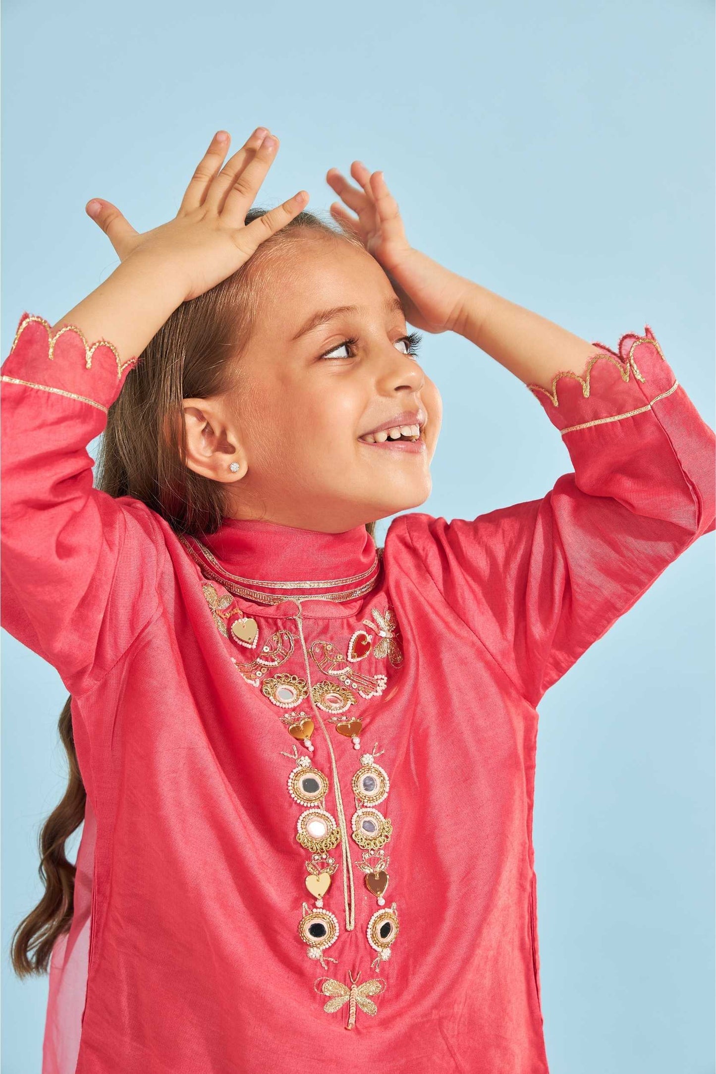 Cherry Red Birds Girls Embellished Tunic With Pants (3 Pc Set)