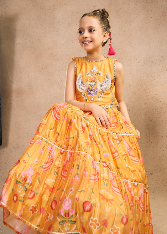 Nella Orange Girls Embellished Crop Top & Skirt (Set of 2 pcs)