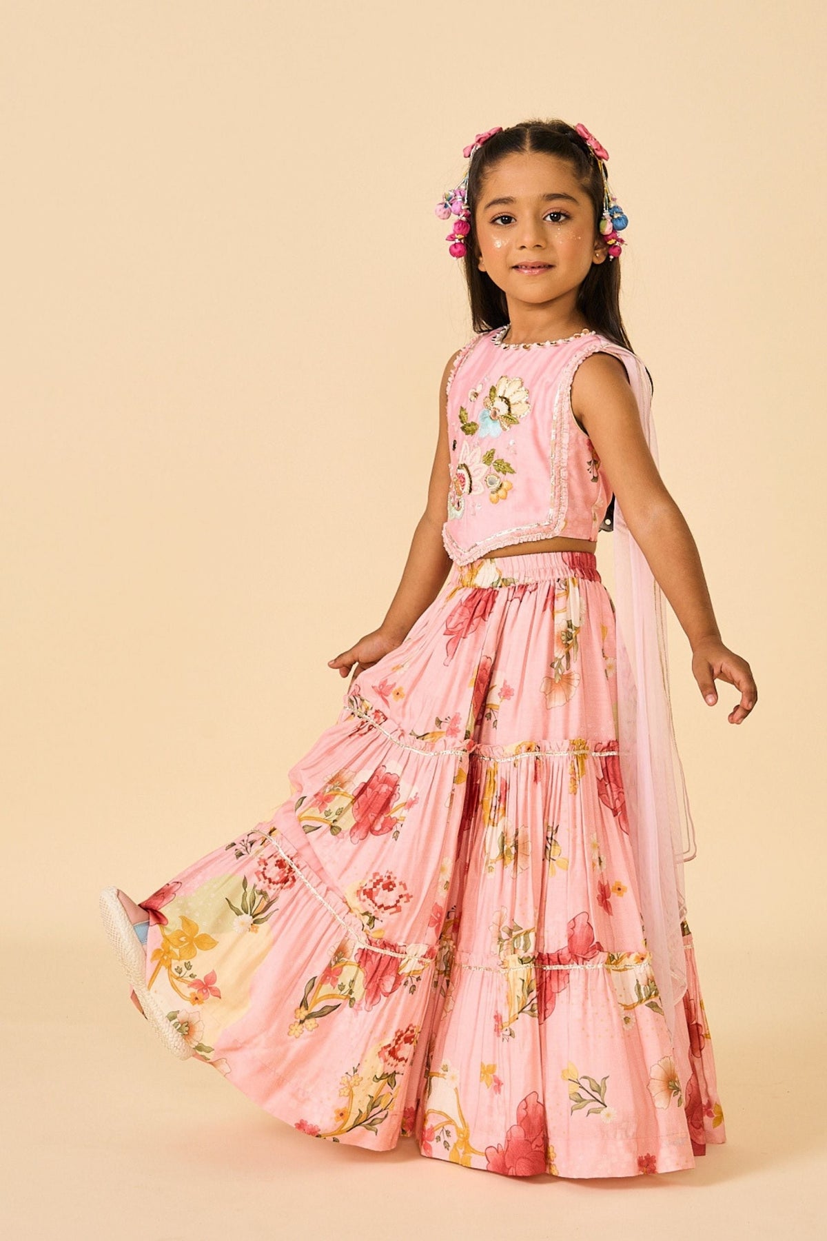 Rose Jaipur Girls Embellished Veil Top & Tiered Skirt ( 2 Pc Set)
