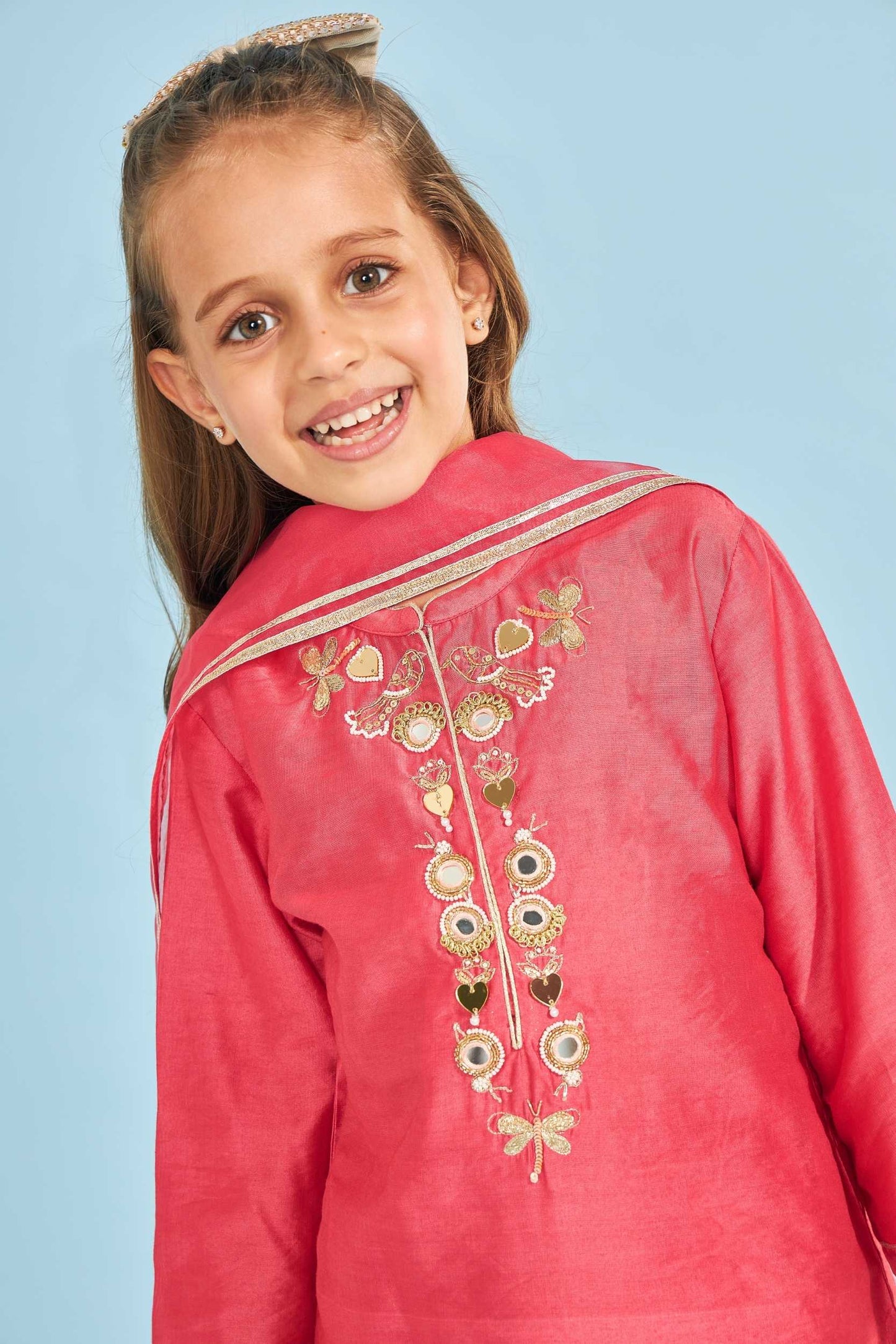 Cherry Red Birds Girls Embellished Tunic With Pants (3 Pc Set)