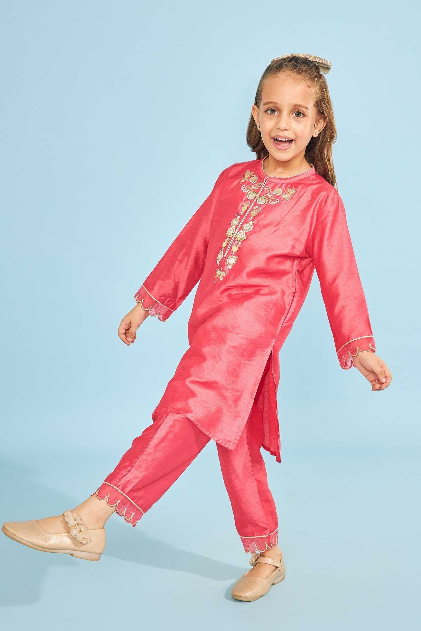 Cherry Red Birds Girls Embellished Tunic With Pants (3 Pc Set)