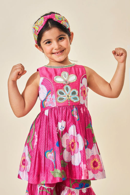 Rumi Plum Girls Embellished Long Top & Sharara ( Set Of 2pcs)