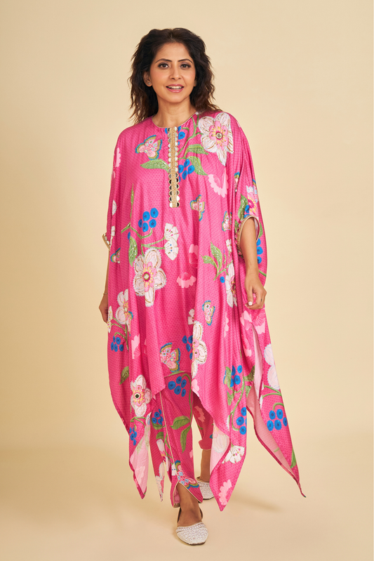 Rumi Plum Embroidered Ladies Kaftan With Tulip Trousers ( Set of 2 Pcs)