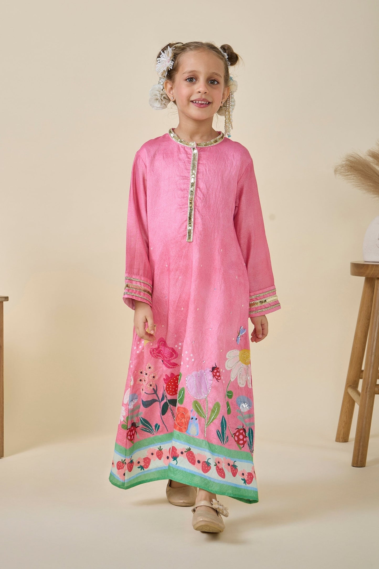 Strawberry Printed Girls Long Dress & Strawberry Print Sharara And Long Top Set ( Set Of Two)