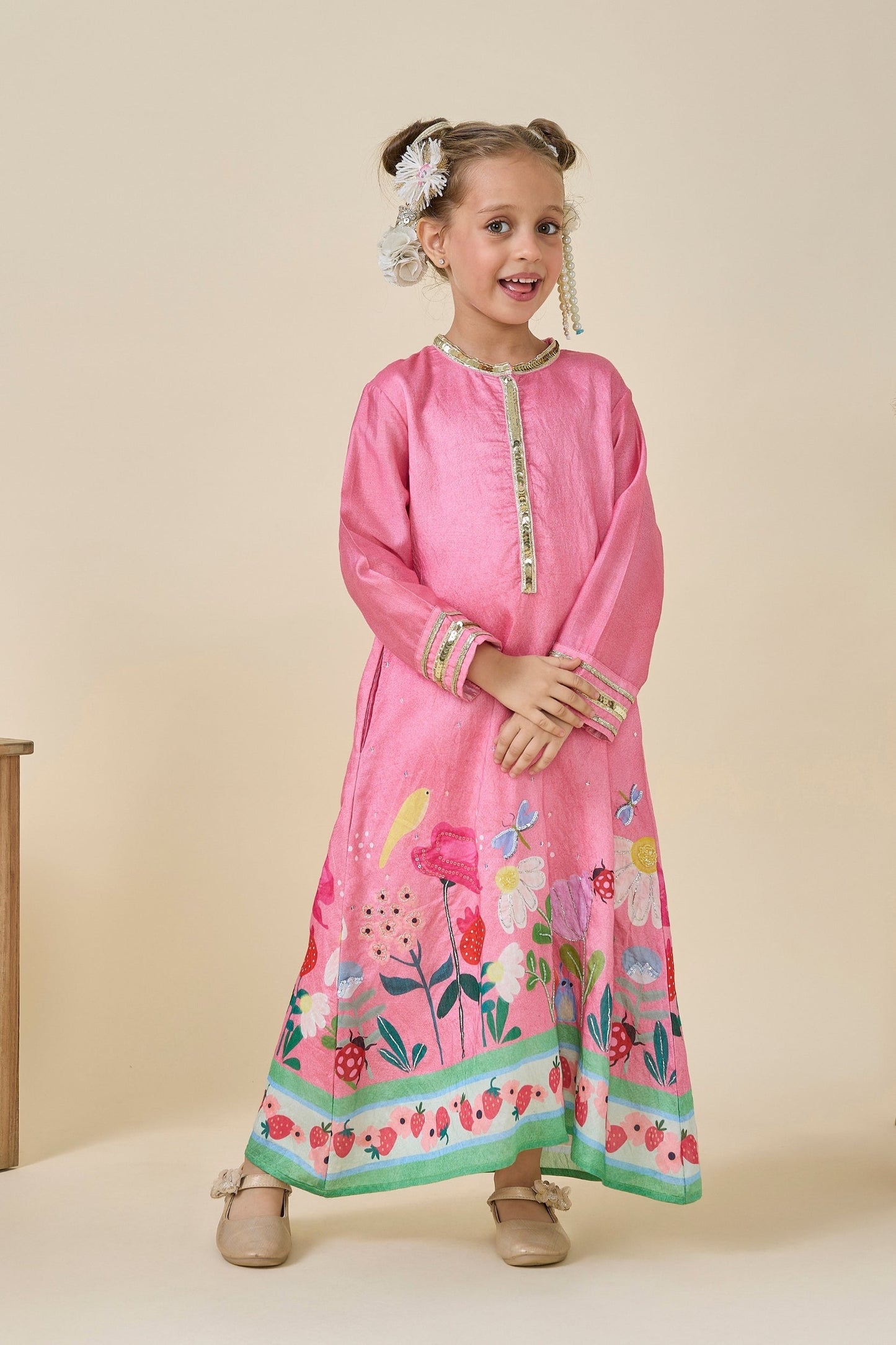 Strawberry Printed Girls Long Dress & Strawberry Print Sharara And Long Top Set ( Set Of Two)