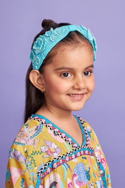 Clover Blue Hand Embroidered Headband/Hairband On Kids - Joey & Pooh