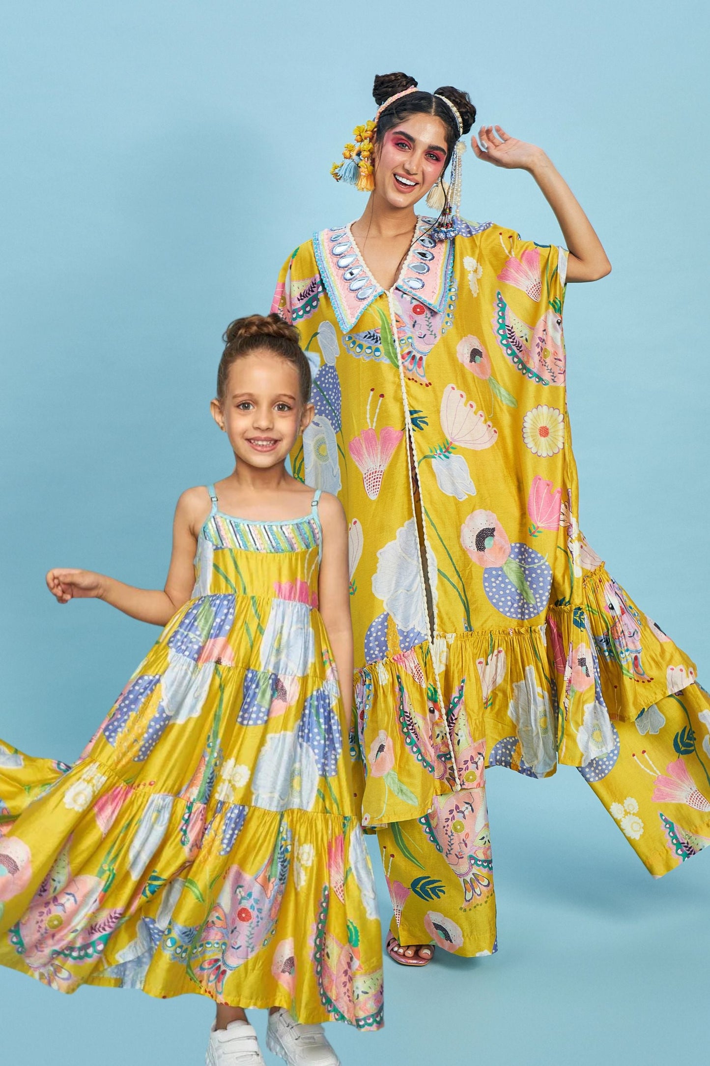 Mirror Embellished Collar Yellow Bloom Cape Set - Mom & Me