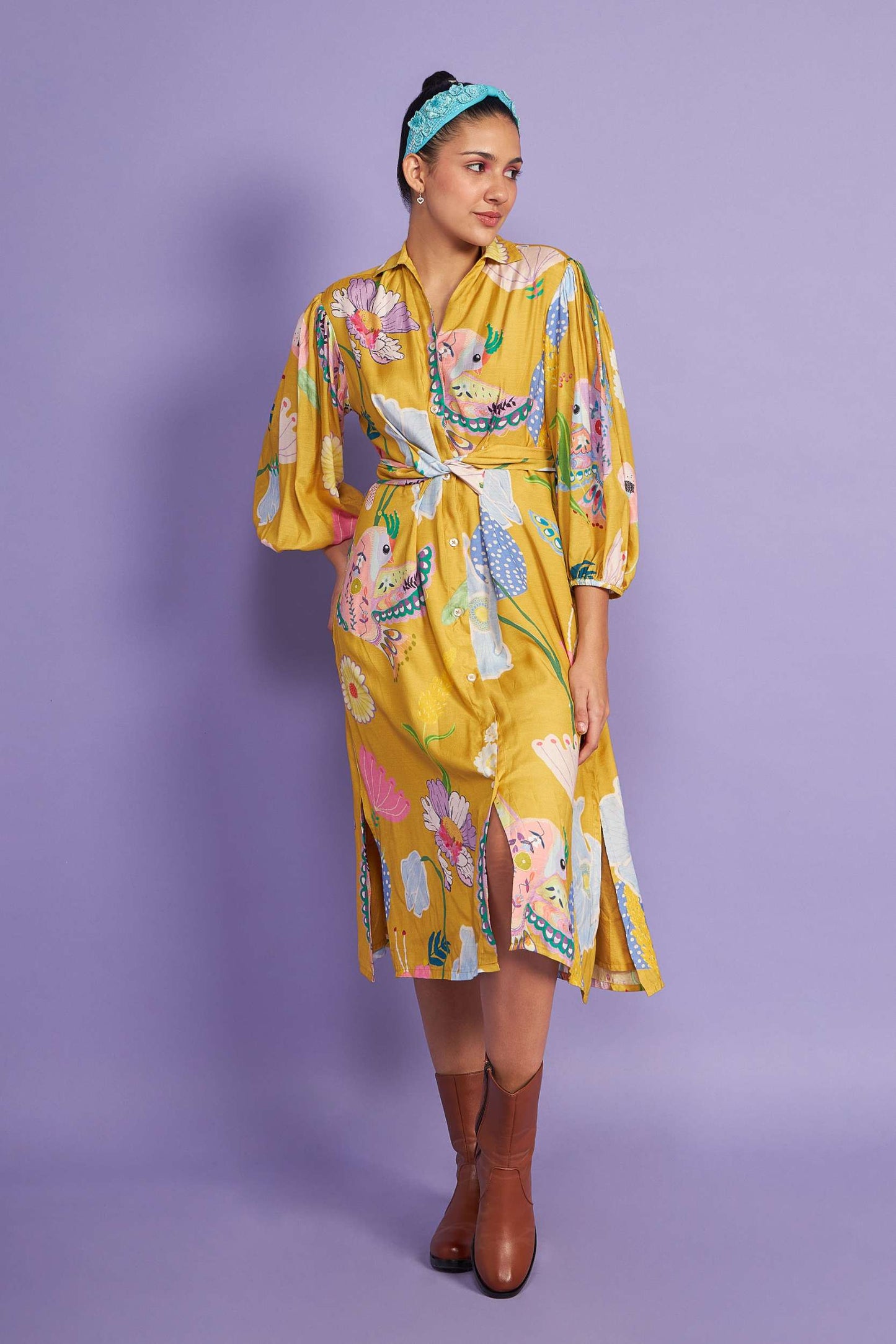 Birdie Mustard Waist Tie Dress