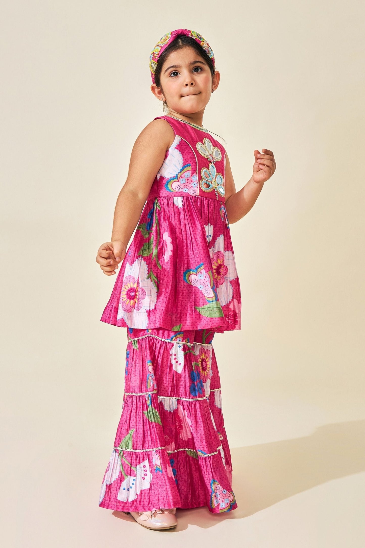 Rumi Plum Girls Embellished Long Top & Sharara ( Set Of 2pcs)