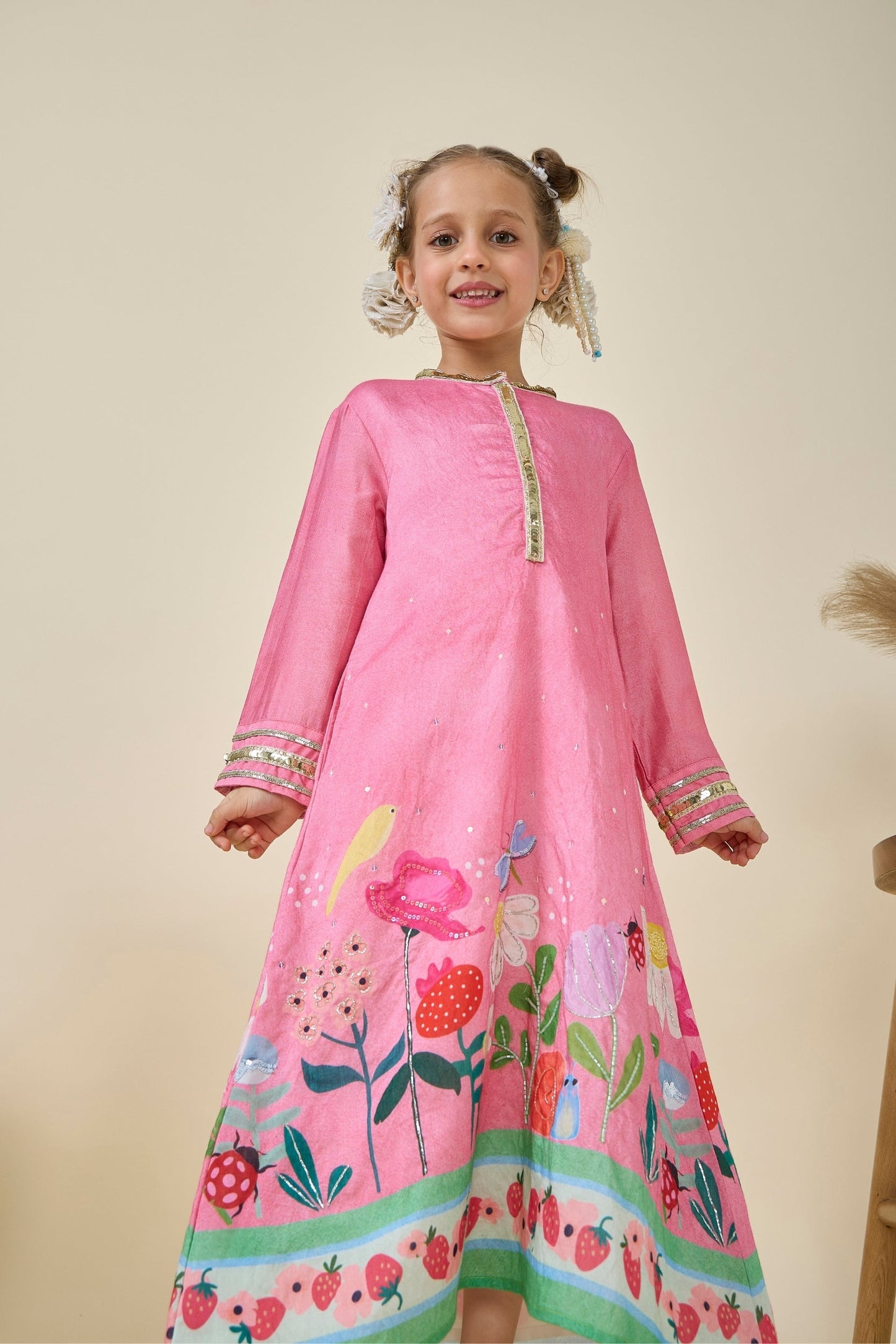 Strawberry Printed Girls Long Dress & Strawberry Print Sharara And Long Top Set ( Set Of Two)