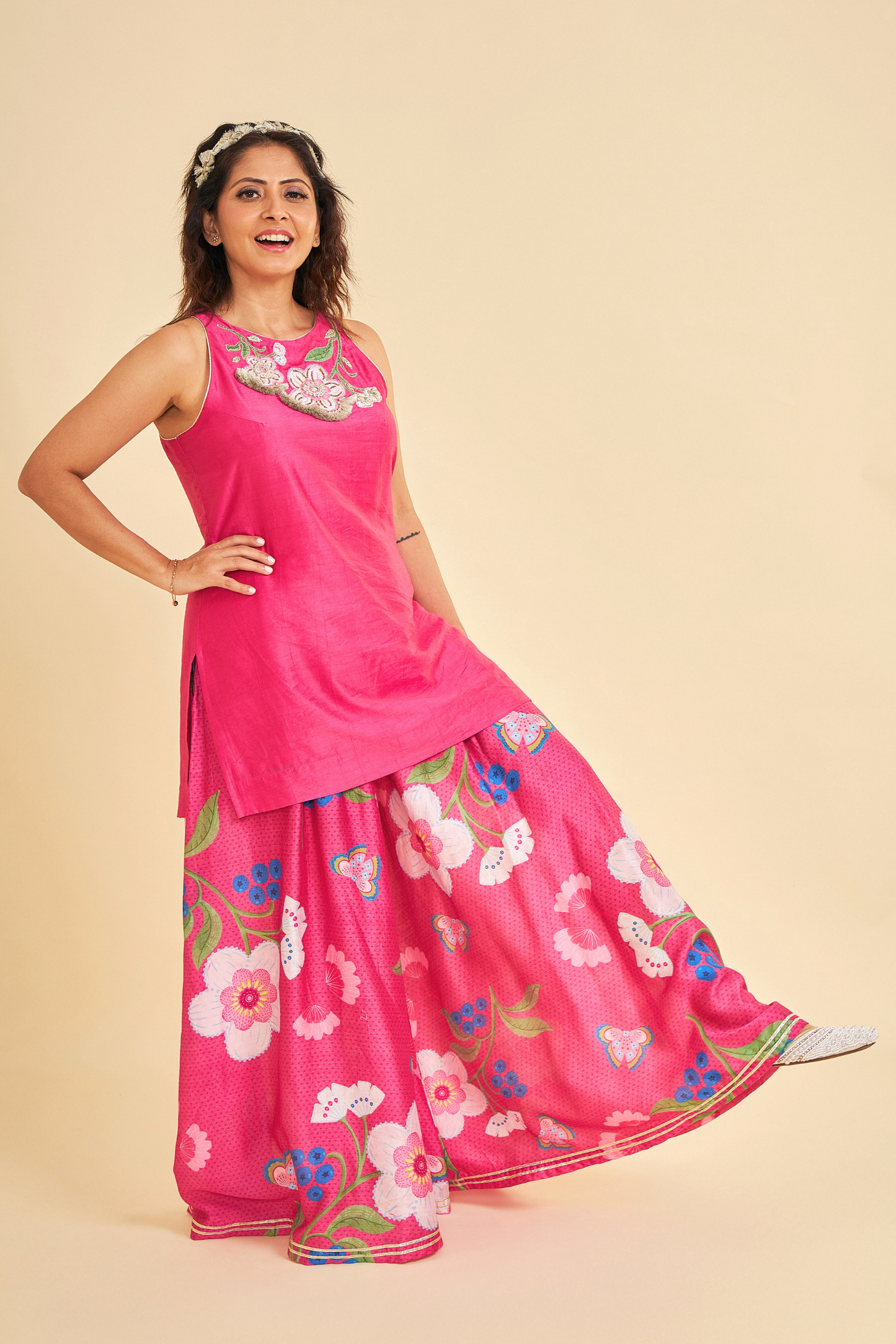 Rumi Plum Embroidered Ladies Tunic With Wide Leg Trousers ( Set of 3 Pcs)