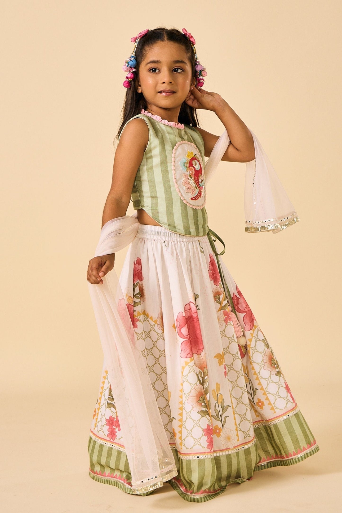 White Makrana Girls Embellished Parrot Top With Skirt & Dupatta( 3 Pc Set)
