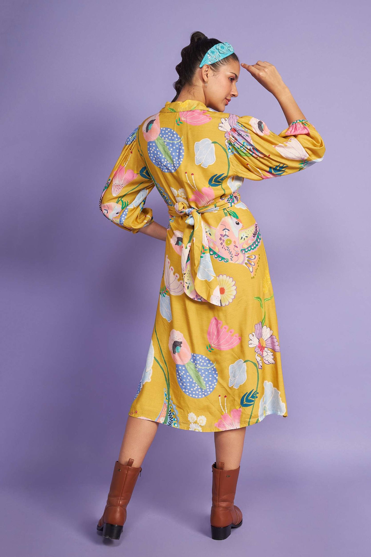 Birdie Mustard Waist Tie Dress