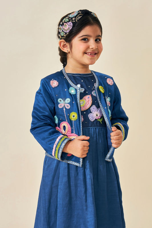 Flora Blue Girls Embellished Jacket- 1 Pc