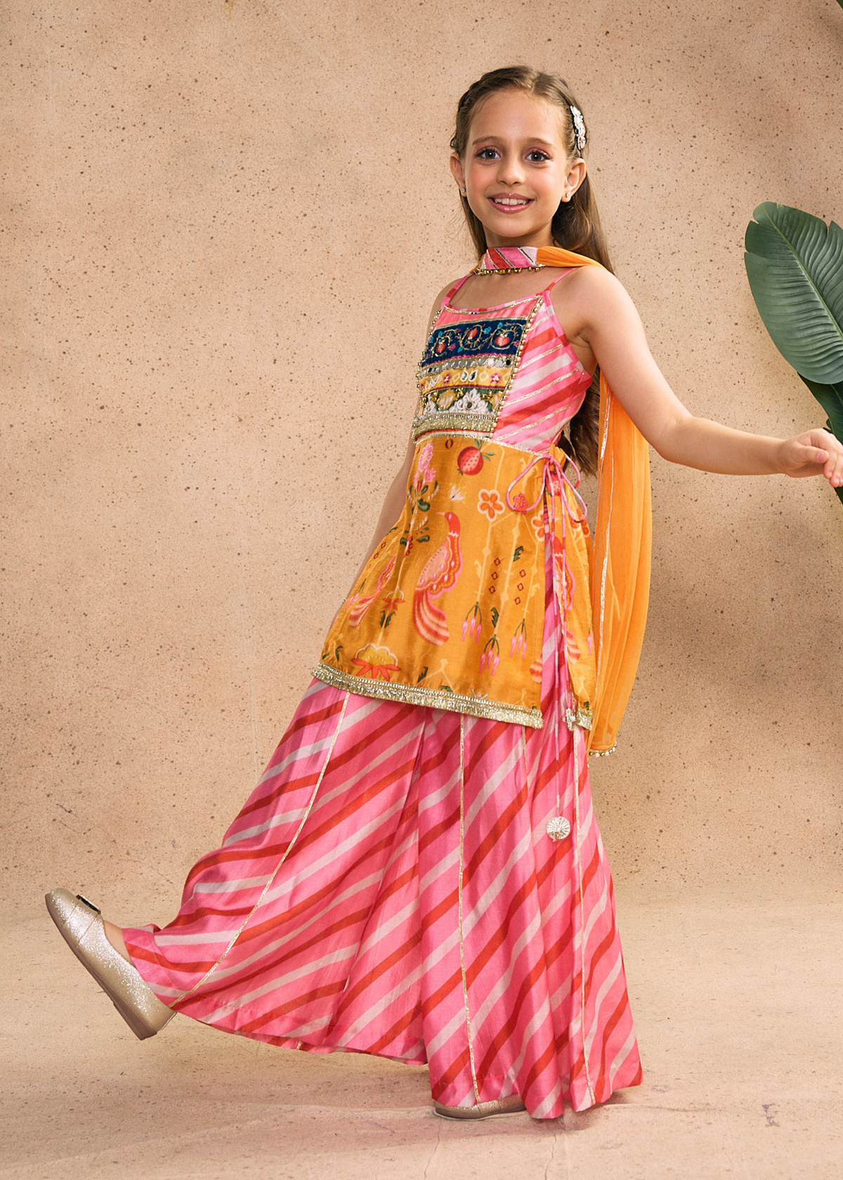 Nella Orange Girls Embellished Strappy Top, Flared Pants & Dupatta (Set of 3 pcs)