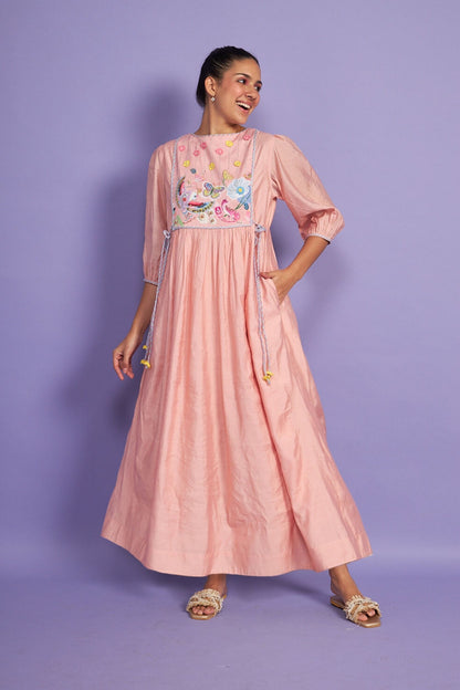 Sparrow Pink Embroidered Yoke Women Long Dress + Sparrow Pink Girls Long dress