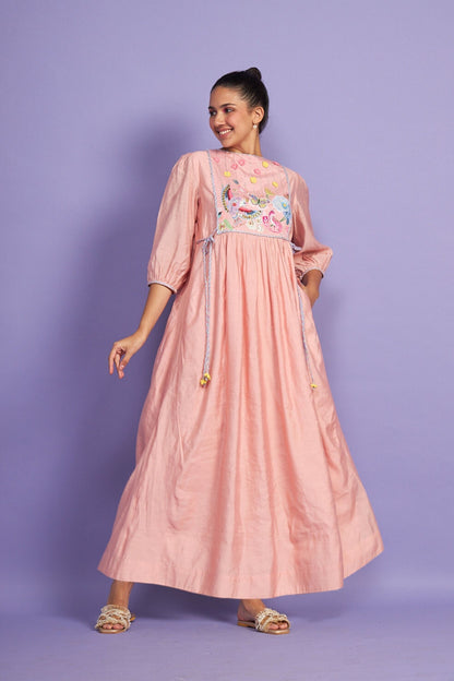 Sparrow Pink Embroidered Yoke Women Long Dress + Sparrow Pink Girls Long dress
