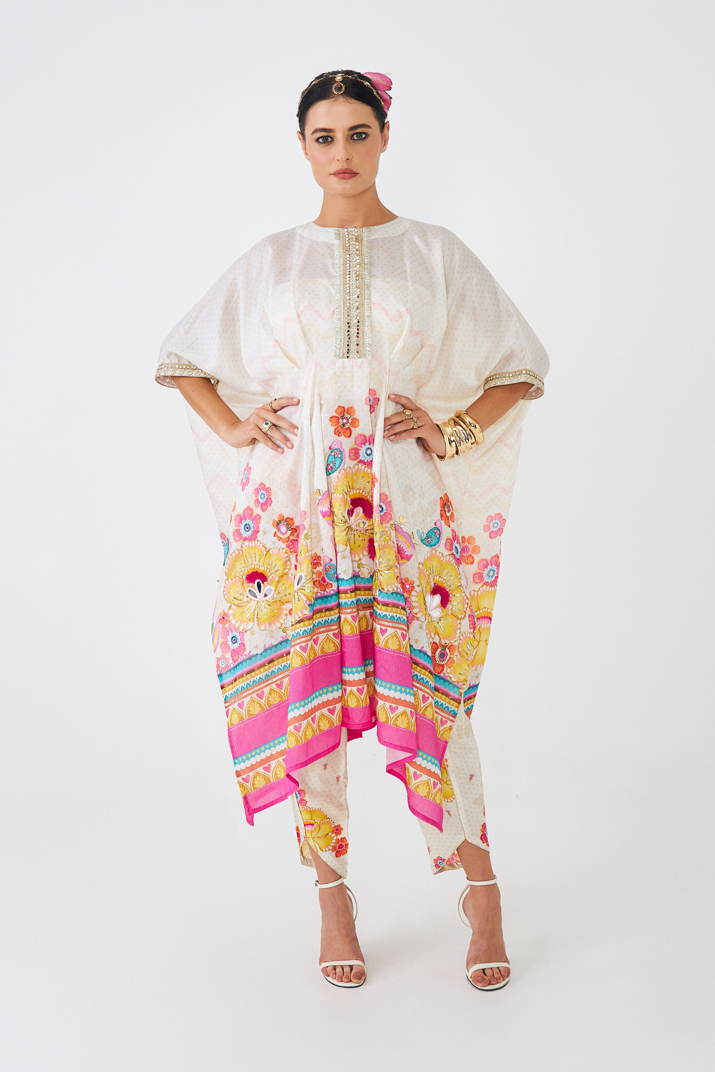 Freya Mustard Ladies Embroidered  Tunic With Tulip Trousers ( Set of 2 Pcs)