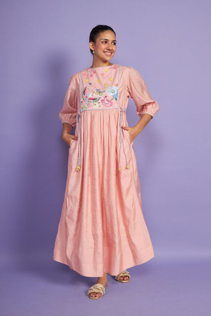 Sparrow Pink Embroidered Yoke Women Long Dress + Sparrow Pink Girls Long dress
