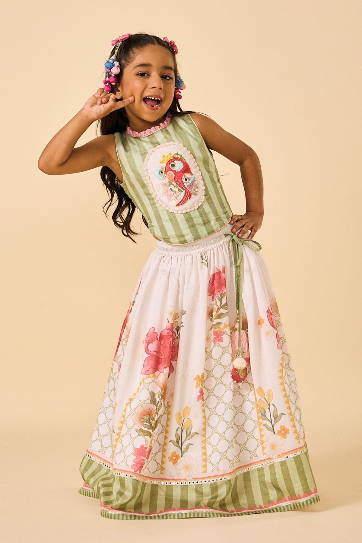 White Makrana Girls Embellished Parrot Top With Skirt & Dupatta( 3 Pc Set)