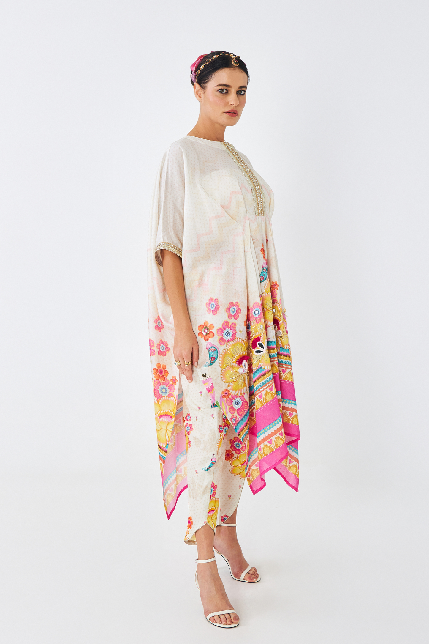 Freya Mustard Ladies Embroidered  Tunic With Tulip Trousers ( Set of 2 Pcs)