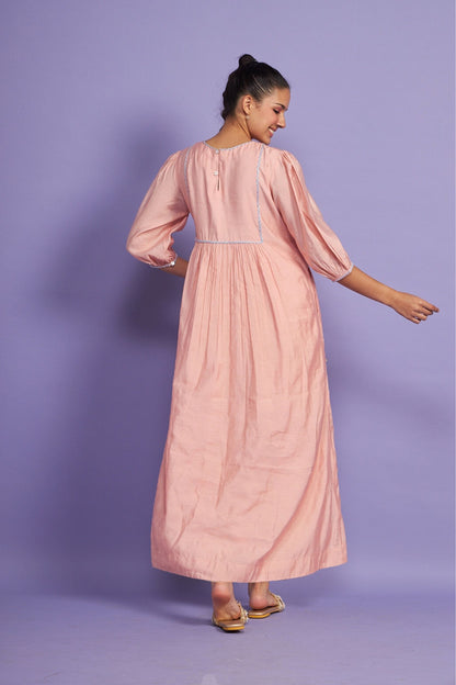 Sparrow Pink Embroidered Yoke Women Long Dress + Sparrow Pink Girls Long dress