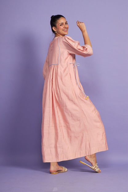 Sparrow Pink Embroidered Yoke Women Long Dress + Sparrow Pink Girls Long dress