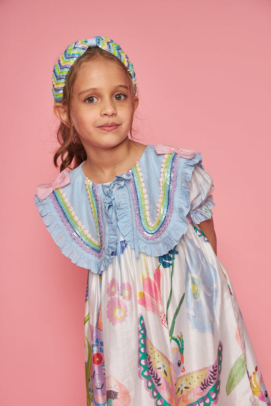 Jane Bow Collar White Kids Embellished Dress Blooma