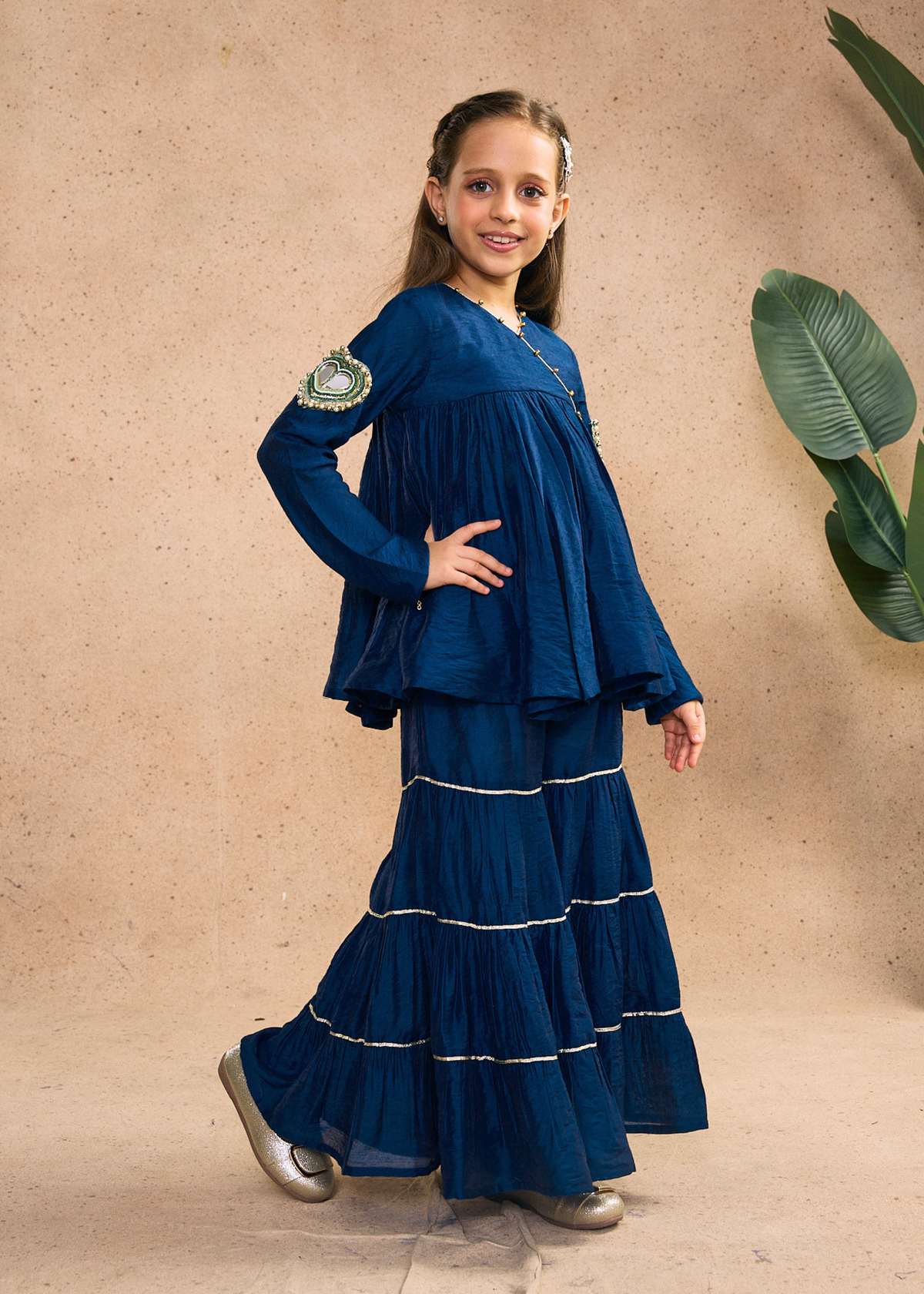 Dalia Navy Girls Embellished Peplum Top & Sharara (Set of 2 pcs)