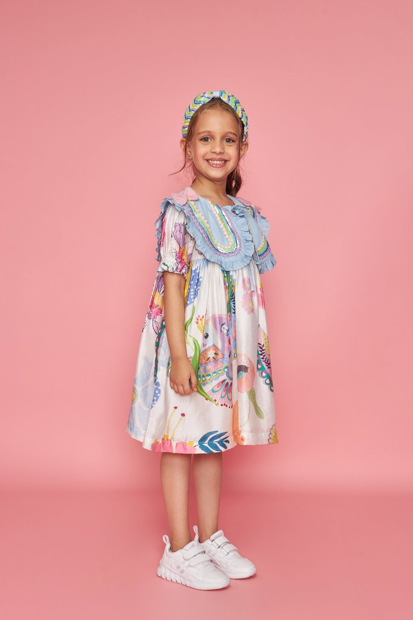 Jane Bow Collar White Kids Embellished Dress Blooma