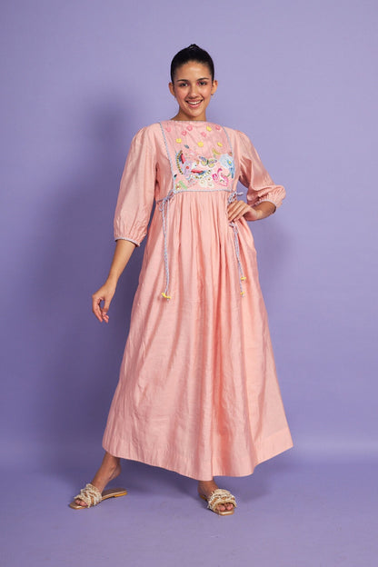 Sparrow Pink Embroidered Yoke Women Long Dress + Sparrow Pink Girls Long dress