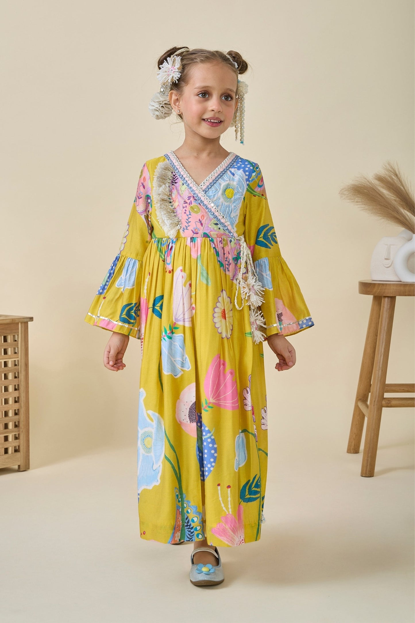 Yellow Bloom Embellished Girls Wrap Dress + Yellow Bloom Embellished Ladies Maxi Dress