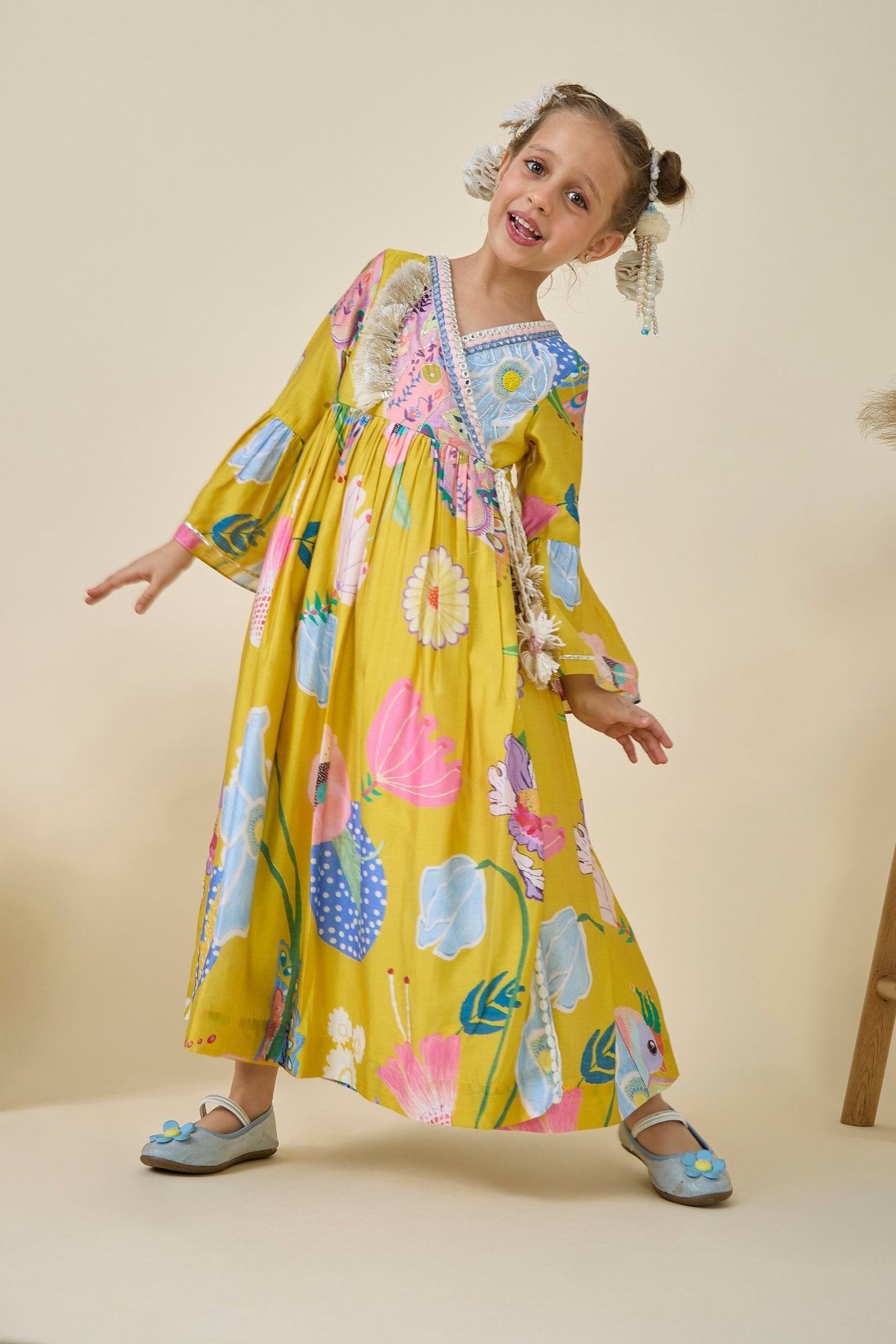 Yellow Bloom Embellished Girls Wrap Dress + Yellow Bloom Embellished Ladies Maxi Dress