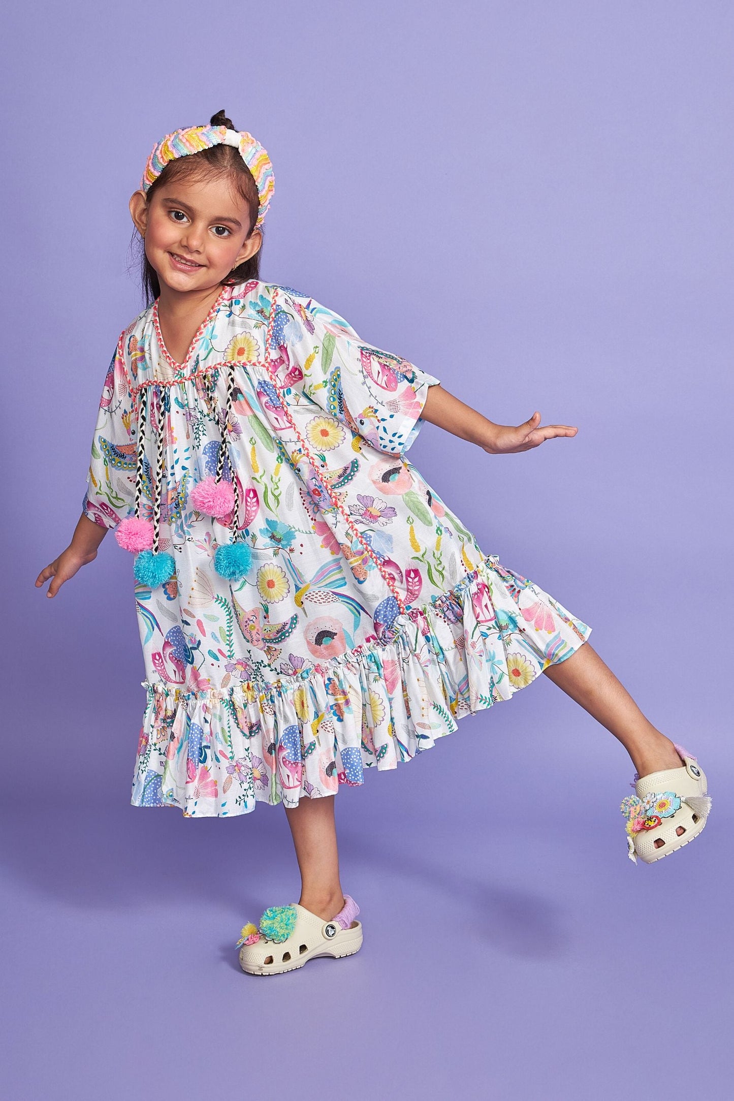 Pompom White Kids Cotton Kaftan Dress - Joey & Pooh