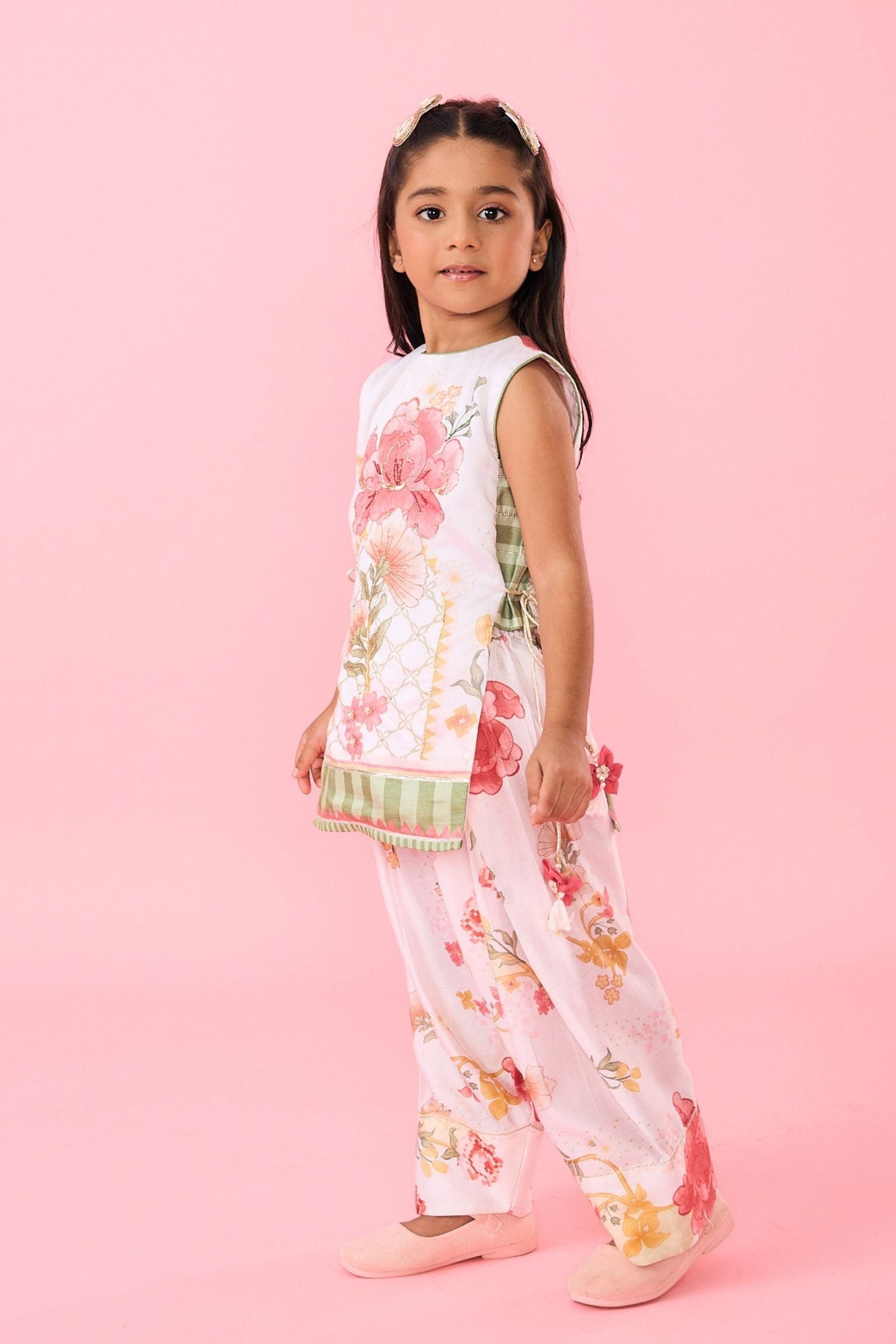 White Makrana Girls Embellished Sleeveless Tunic With Wide Trouser Coord( 2 Pc Set)