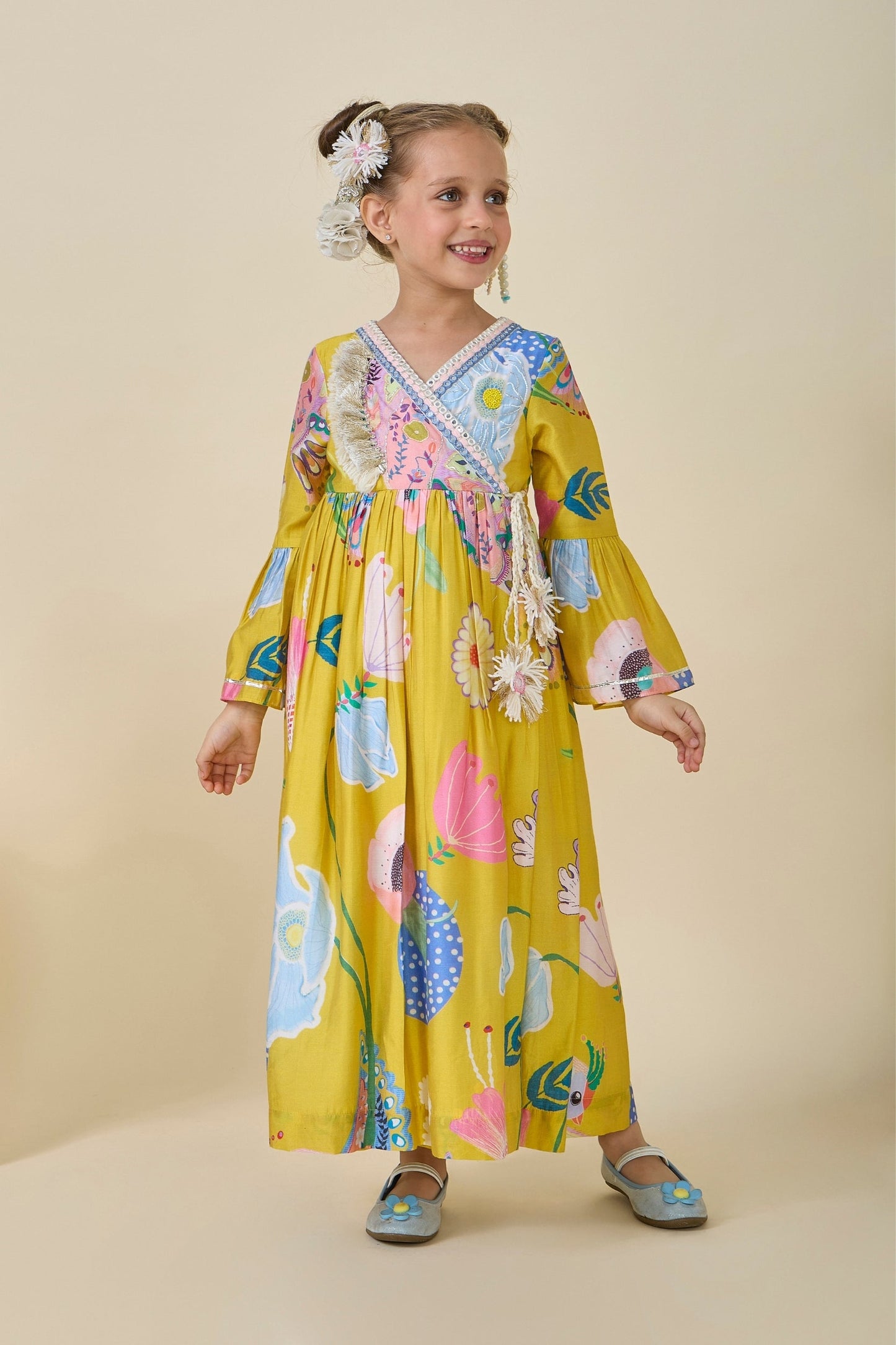 Yellow Bloom Embellished Girls Wrap Dress + Yellow Bloom Embellished Ladies Maxi Dress