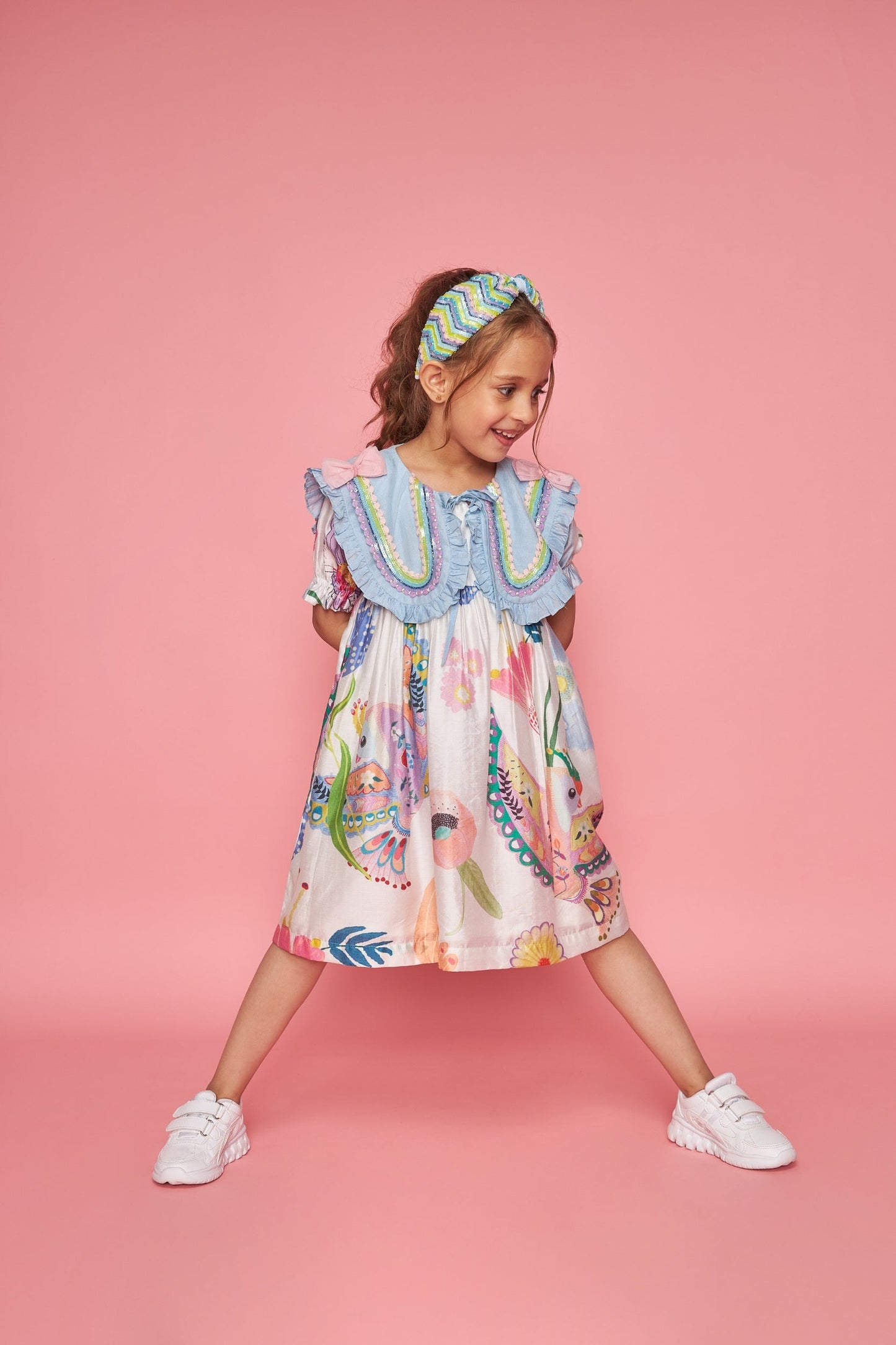 Jane Bow Collar White Kids Embellished Dress Blooma