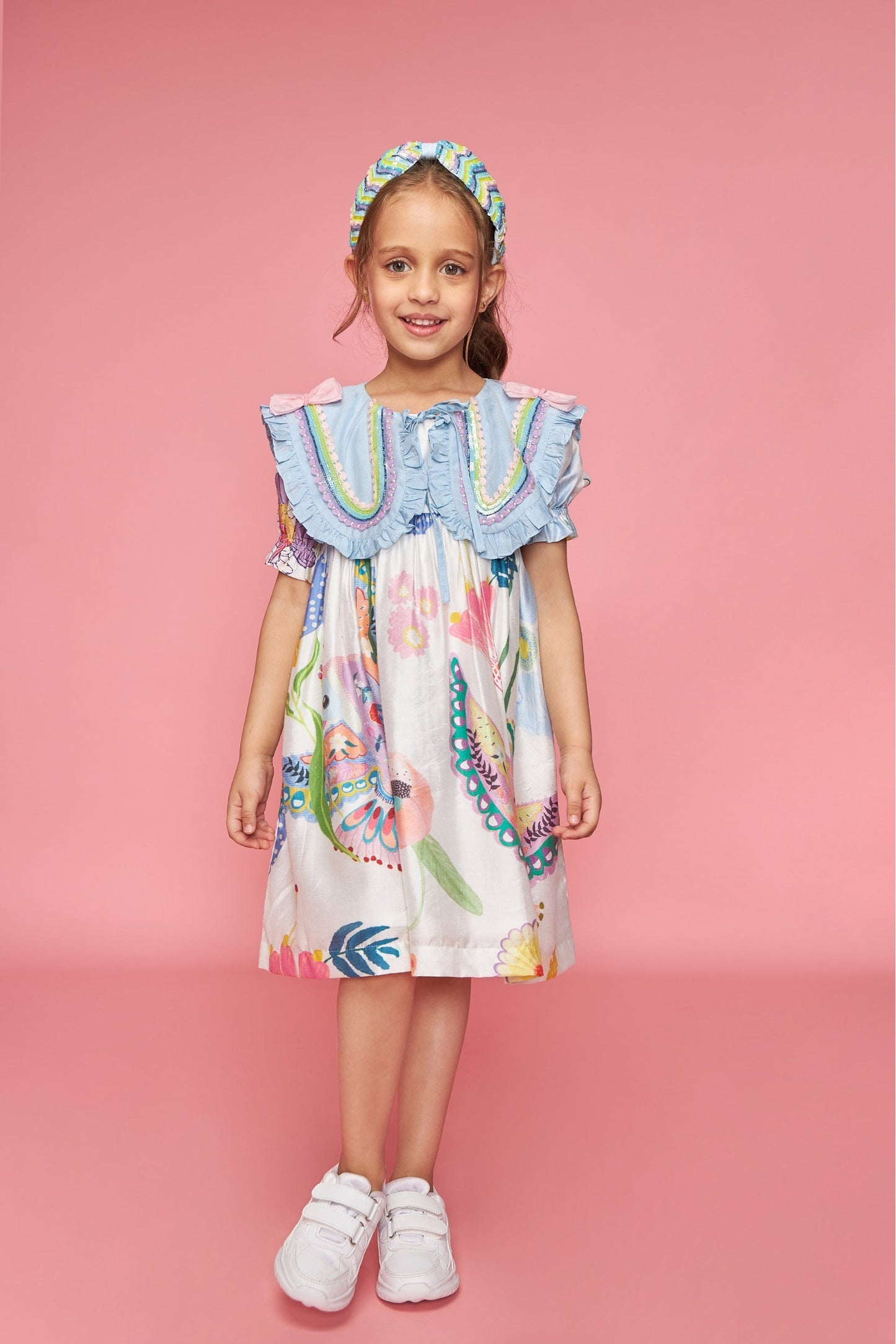 Jane Bow Collar White Kids Embellished Dress Blooma