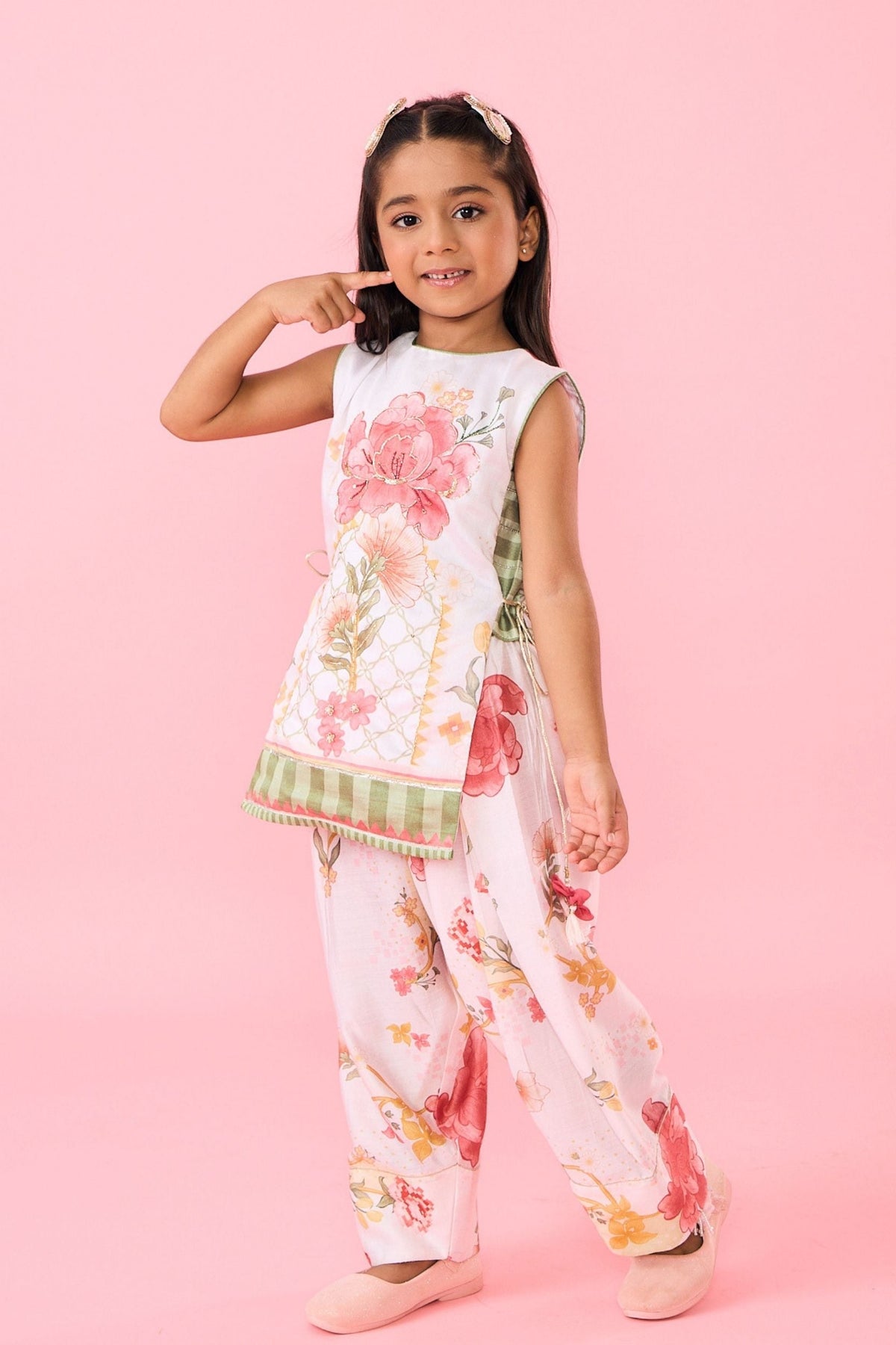 White Makrana Girls Embellished Sleeveless Tunic With Wide Trouser Coord( 2 Pc Set)