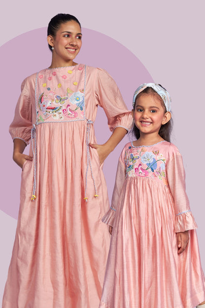 Sparrow Pink Embroidered Yoke Women Long Dress + Sparrow Pink Girls Long dress