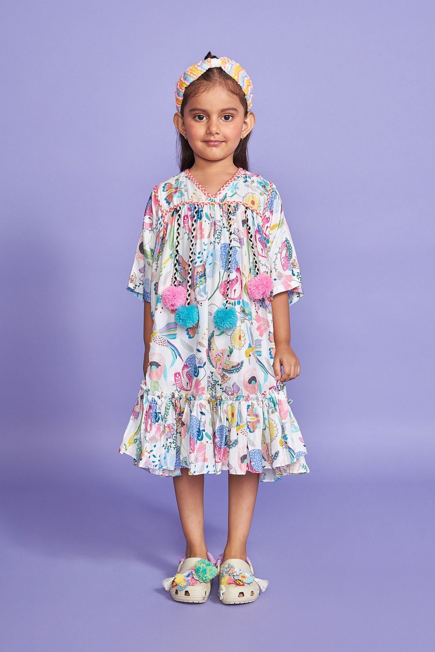 Pompom White Kids Cotton Kaftan Dress - Joey & Pooh